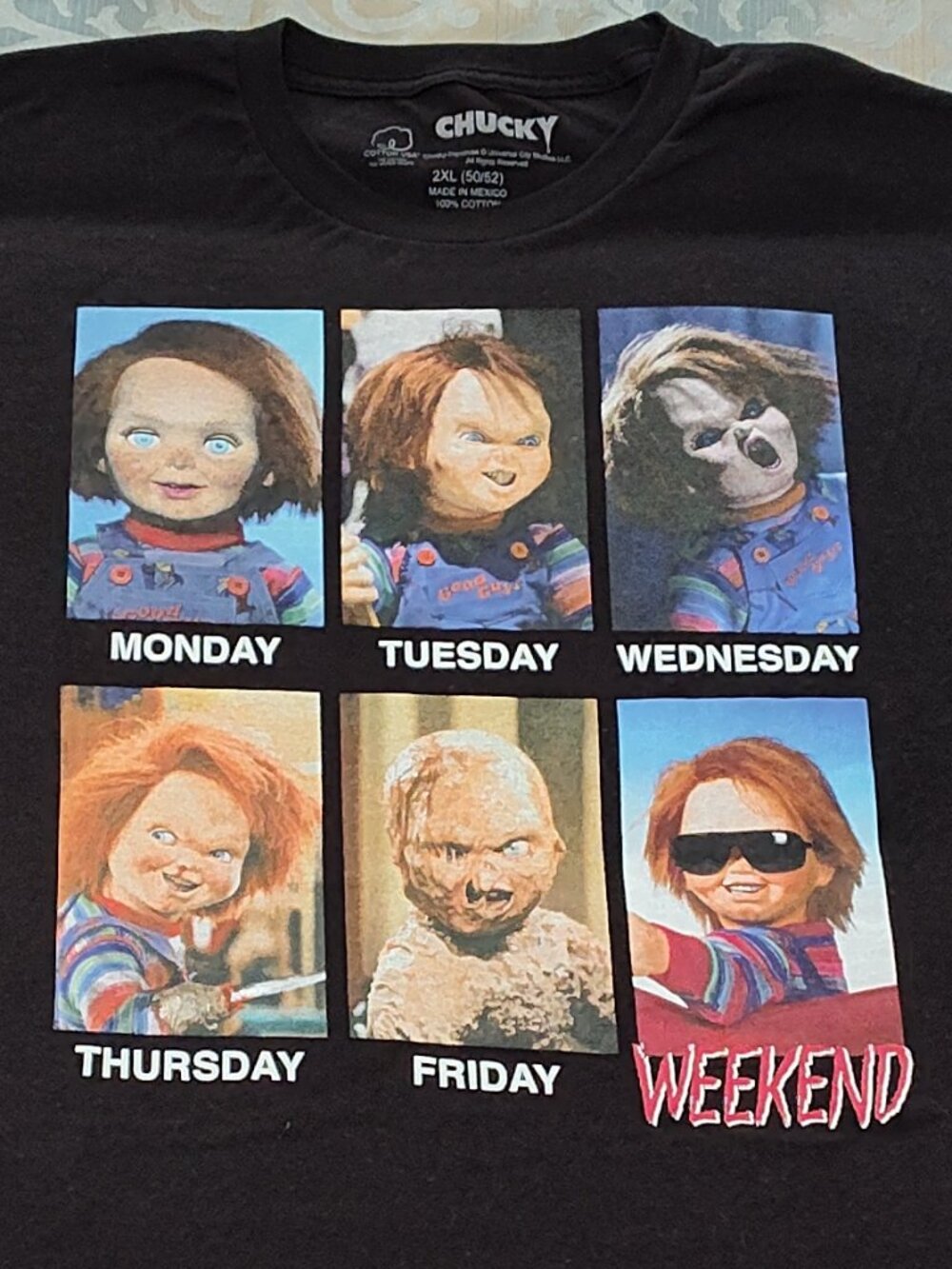 Chucky men's days of the week black t-shirt, NWT's, size 2XL (50-52)